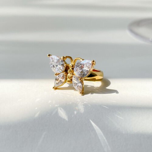butterfly cz ring in 18k gold plated stainless steel