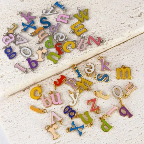 Personalized jewelry featuring Custom Enamel Letter Charms on gold-plated chain