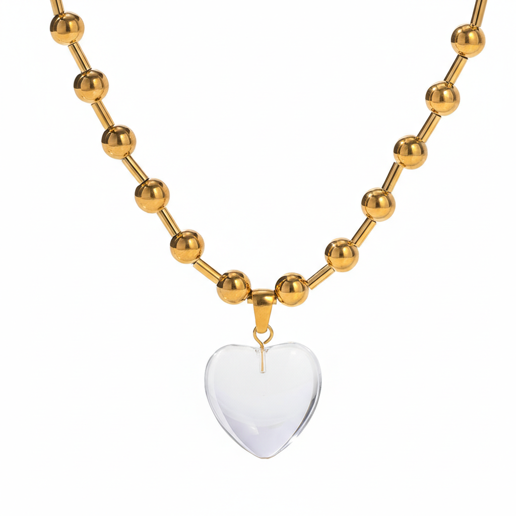 18k gold heart necklace with chunky bead chain