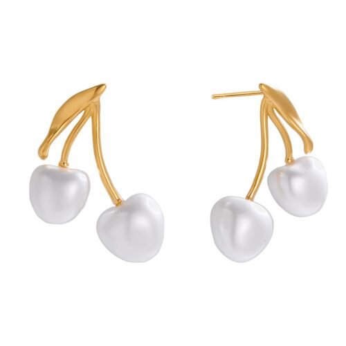 gold cherry earrings pearl finish