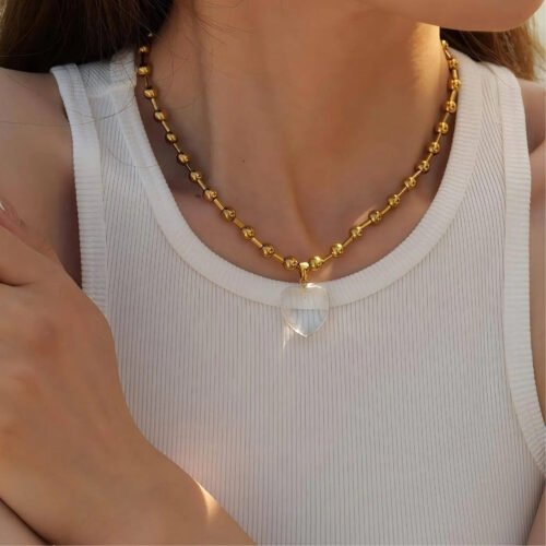 18k gold heart necklace with chunky bead chain
