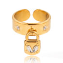 gold lock charm ring zircon 18k gold plated stainless steel chunky band