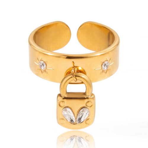 gold lock charm ring zircon 18k gold plated stainless steel chunky band