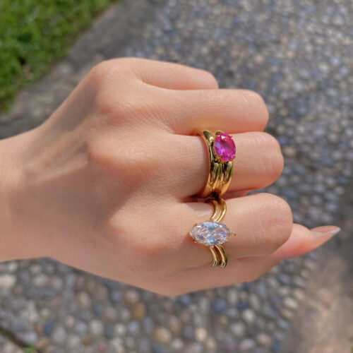 pink zircon gold ring stainless steel stackable ring