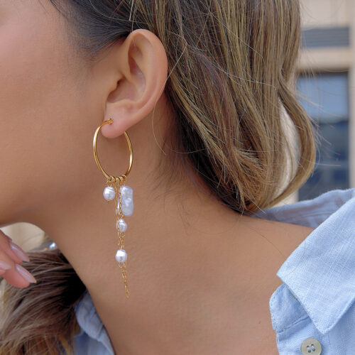 pearl drop hoop earrings gold with chain tassel baroque pearl 18k gold plated stainless steel
