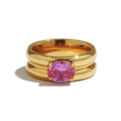 pink zircon gold ring stainless steel stackable ring