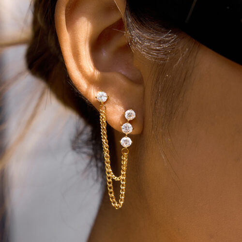 Brianne Double Piercing Chain Earrings with Cubic Zirconia in 18K Gold-Plated Stainless Steel