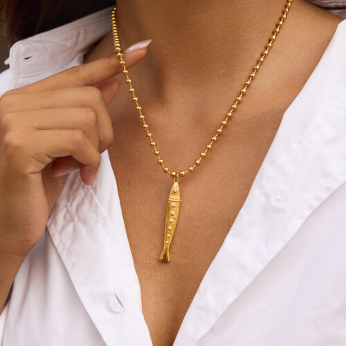 Ocean Breeze Necklace - 18K Gold Plated Sardine Fish Pendant with Zircon Inlays