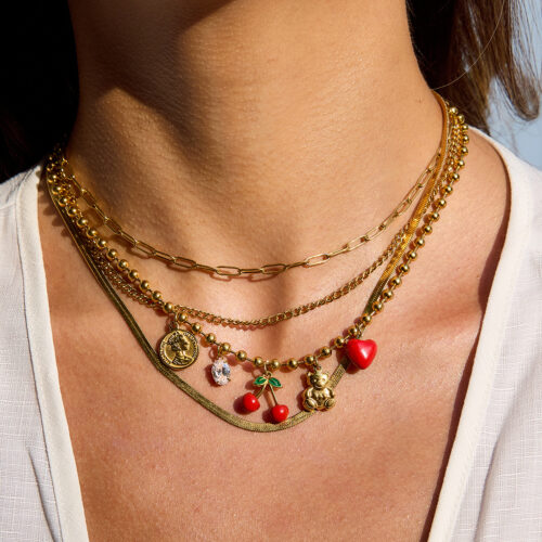 gold beaded charm necklace with cherry heart bear coin pendants in 18k gold plated stainless steel