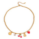 gold beaded charm necklace with cherry heart bear coin pendants in 18k gold plated stainless steel
