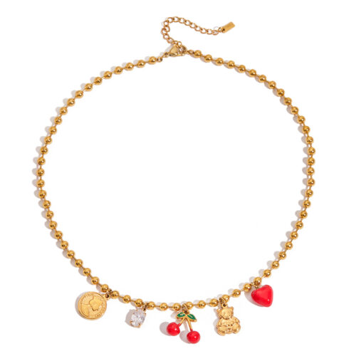 gold beaded charm necklace with cherry heart bear coin pendants in 18k gold plated stainless steel