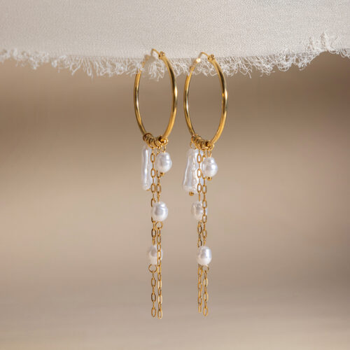 pearl drop hoop earrings gold with chain tassel baroque pearl 18k gold plated stainless steel