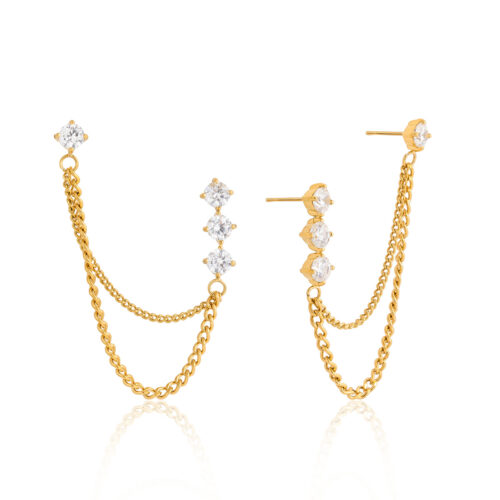 Brianne Double Piercing Chain Earrings with Cubic Zirconia in 18K Gold-Plated Stainless Steel