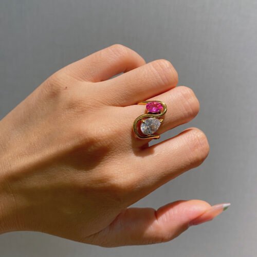 Rose ring two stone pink ring with pink and clear zircon