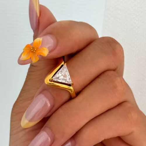 gold triangle zircon ring with geometric zircon stone