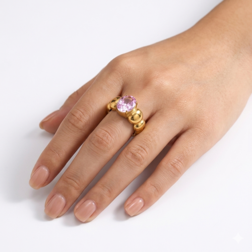 Rosalie Ring with pink zircon stone and gold bubble band