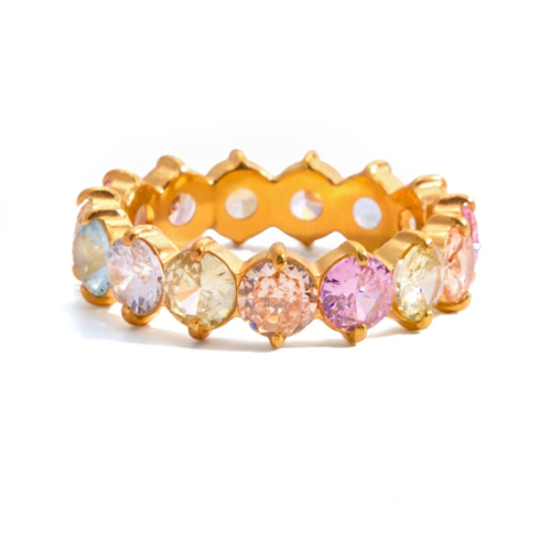 Pastel zircon eternity band ring in 18K gold plated stainless steel with colorful stones
