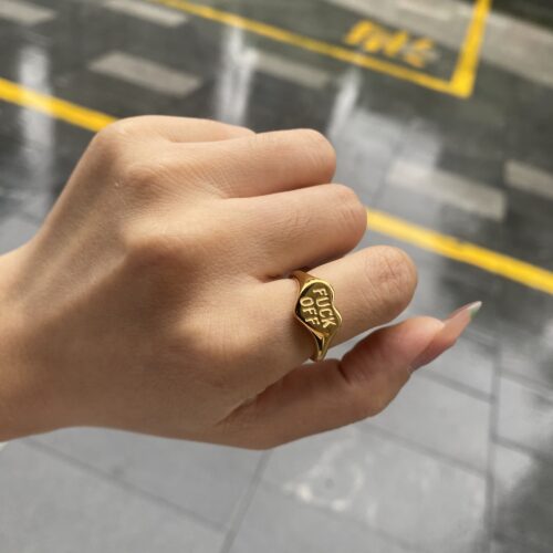 Gold heart signet fuck off ring with zircon stones