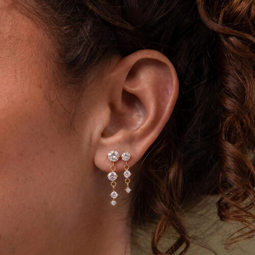 Gold zircon drop earrings with cascading cubic zirconia stones in 18K gold plated stainless steel