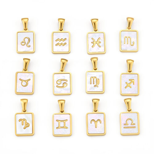 Gold zodiac shell charm with white shell inlay and zircon accents in 18K gold plated stainless steel