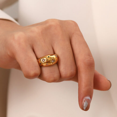 Star Dome Ring in 18K gold plated stainless steel with colorful zircon celestial details