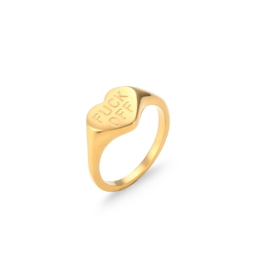 Gold heart signet fuck off ring with zircon stones