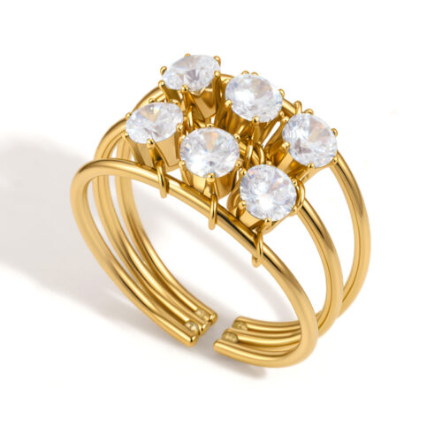 Go gold cluster zircon ring in 18K gold plated stainless steel with layered band design and zircon stones