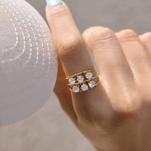 Go gold cluster zircon ring in 18K gold plated stainless steel with layered band design and zircon stones