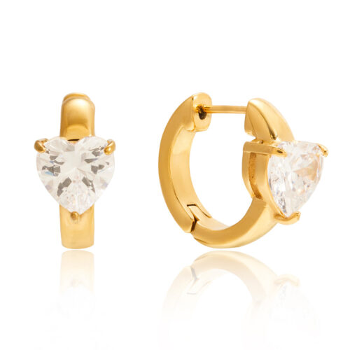 Gold heart zircon huggie earrings in 18K gold plated stainless steel with heart-cut zircon stones