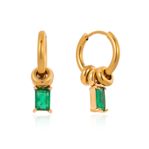 Green Rectangle Earrings in 18K gold plated stainless steel with emerald green zircon charm