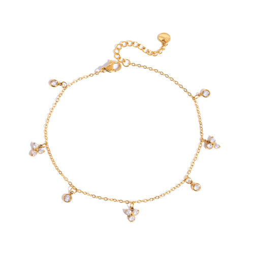 Flora gold zircon charm anklet in 18K gold plated stainless steel with delicate dangling zircon charms