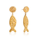 Gold fish drop earrings in 18K gold plated stainless steel with textured ocean-inspired design
