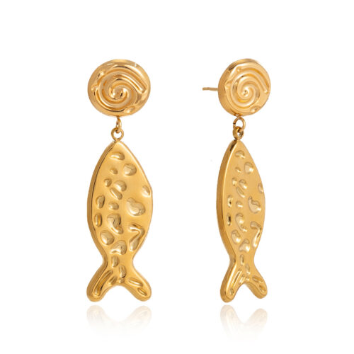 Gold fish drop earrings in 18K gold plated stainless steel with textured ocean-inspired design