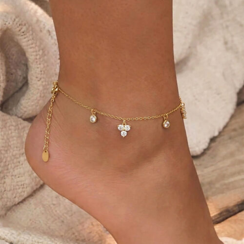 Flora gold zircon charm anklet in 18K gold plated stainless steel with delicate dangling zircon charms