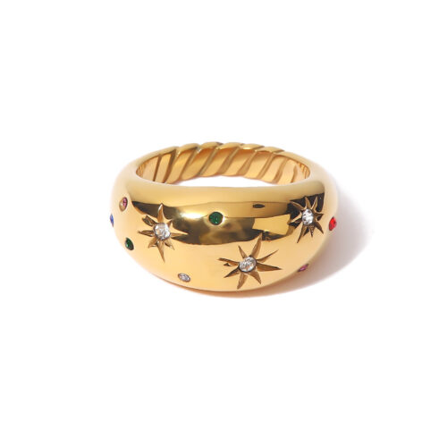 Star Dome Ring in 18K gold plated stainless steel with colorful zircon celestial details