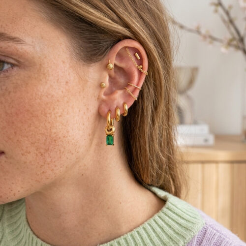 Green Rectangle Earrings in 18K gold plated stainless steel with emerald green zircon charm