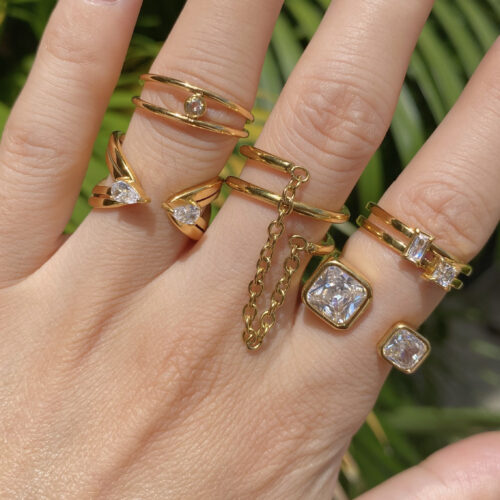 Tassel Chain Spiral Ring 18K Gold Plated Stainless Steel Zircon Statement Ring Spiral Tassel Design