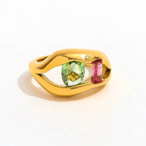 Vera Ring multi color zirconia gold plated wave ring waterproof tarnish-free stainless steel statement jewelry