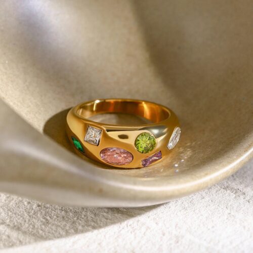 Mosaic Ring multicolor zircon statement ring in 18K gold plated stainless steel