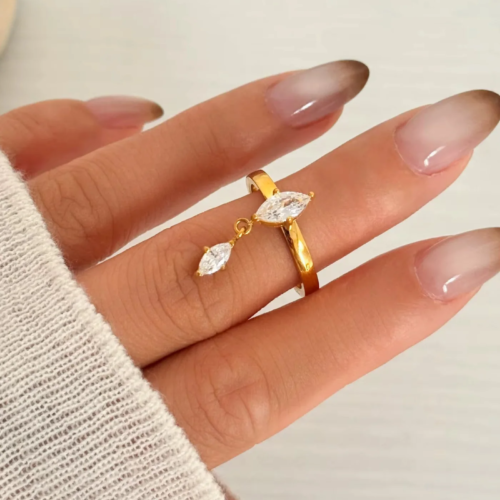 Riva dangle zircon ring with marquise zircon stones in 18K gold plated stainless steel