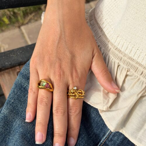 Vera Ring multi color zirconia gold plated wave ring waterproof tarnish-free stainless steel statement jewelry