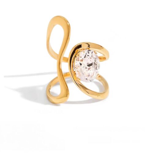 Abstract gold statement ring with oval zirconia stone