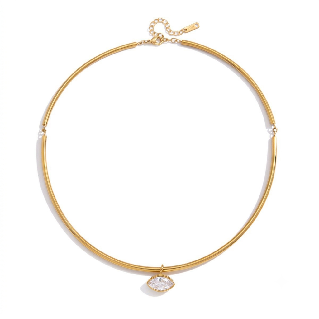 Liona gold stainless steel collar necklace with marquise cubic zirconia pendant