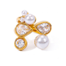 Drift of Light pearl statement ring in 18K gold plated stainless steel with cubic zirconia and pearl accents