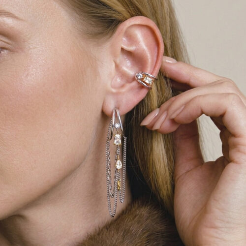 Aria Hoops two tone chain earrings with silver and gold chain details and zircon accents
