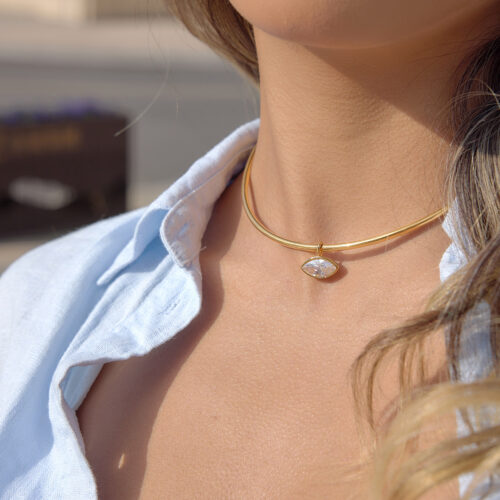 Liona gold stainless steel collar necklace with marquise cubic zirconia pendant