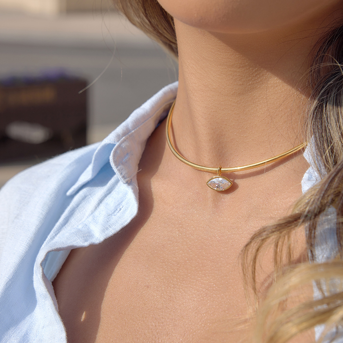 Liona gold stainless steel collar necklace with marquise cubic zirconia pendant