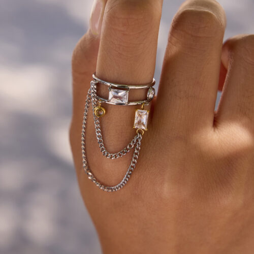 Aria Ring two tone chain dangle ring with silver and gold zircon charms and layered chain details