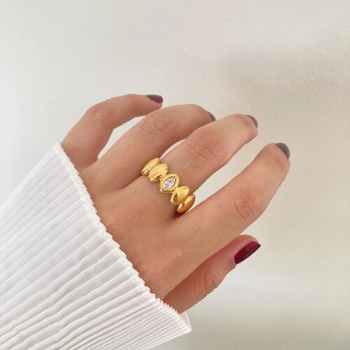 Gold Pebble Zircon Ring in 18K Gold Plated Stainless Steel with Marquise Cut Zircon