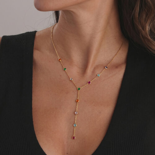 Rumi gold colorful necklace with multicolor CZ stones in 18K gold plated stainless steel